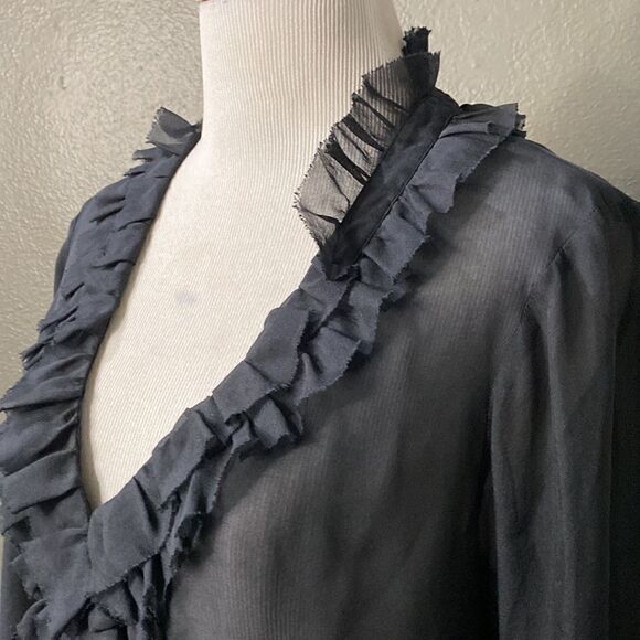 Rebecca Taylor Black Sheer Button Down Ruffle Blouse Long Sleeve - Picture 2 of 12